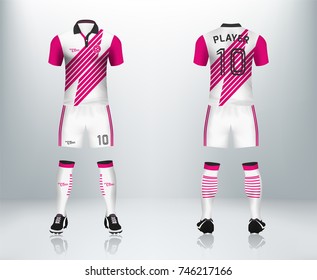 3D realistic of front and back of pink soccer jersey t-shirt with pants and socks on shop backdrop. Concept for soccer team uniform or football apparel mockup template in vector