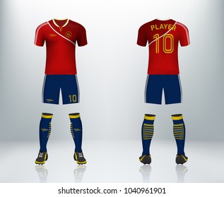 3D realistic of front and back of red soccer jersey t-shirt with pants and socks on shop backdrop. Concept for soccer team uniform or football apparel mockup template in vector illustration
