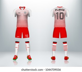 3D realistic of front and back of red soccer jersey t-shirt with pants and socks on shop backdrop. Concept for soccer team uniform or football apparel mockup template in vector illustration