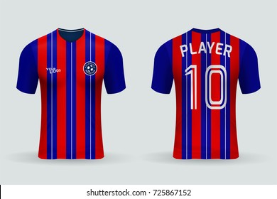 3D realistic of front and back of red and blue stripe soccer jersey shirt on shop backdrop. Concept for soccer team uniform or football apparel mockup template in vector illustration