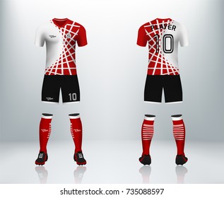 3D realistic of front and back of red soccer jersey t-shirt with pants and socks on shop backdrop. Concept for soccer team uniform or football apparel mockup template in vector illustration