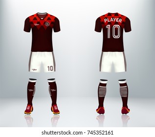 3D realistic of front and back of red soccer jersey t-shirt with pants and socks on shop backdrop. Concept for soccer team uniform or football apparel mockup template in vector