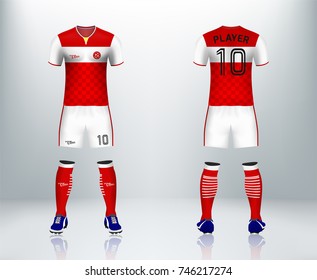 3D realistic of front and back of red soccer jersey t-shirt with pants and socks on shop backdrop. Concept for soccer team uniform or football apparel mockup template in vector