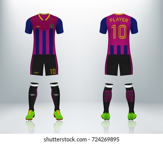 3D realistic of front and back of soccer jersey shirt with pants and soccer socks on shop backdrop. Concept for soccer team uniform or football apparel mockup template in vector illustration
