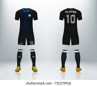 3D realistic of front and back of soccer jersey shirt with pants and socks on shop backdrop. Concept for soccer team uniform or football apparel mockup template in vector illustration