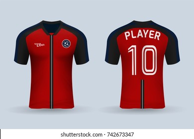 3D realistic of front and back of soccer jersey shirt on shop backdrop. Concept for soccer team uniform or football apparel mockup template in vector illustration