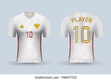 3D realistic of front and back of soccer jersey shirt on shop backdrop. Concept for soccer team uniform or football apparel mockup template in vector illustration
