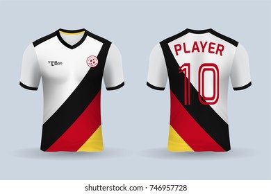 3D realistic of front and back of soccer jersey shirt on shop backdrop. Concept for soccer team uniform or football apparel mockup template in vector illustration