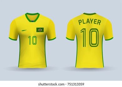 3D Realistic Of Front And Back Of Soccer Jersey Shirt On Shop Backdrop. Concept For Soccer Team Uniform Or Football Apparel Mockup Template In Vector Illustration