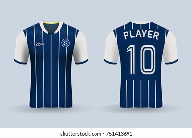 3D realistic of front and back of soccer jersey shirt on shop backdrop. Concept for soccer team uniform or football apparel mockup template in vector illustration