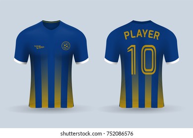 3D realistic of front and back of soccer jersey shirt on shop backdrop. Concept for soccer team uniform or football apparel mockup template in vector illustration