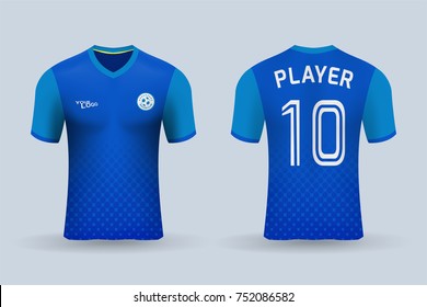 3D realistic of front and back of soccer jersey shirt on shop backdrop. Concept for soccer team uniform or football apparel mockup template in vector illustration