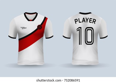 3D realistic of front and back of soccer jersey shirt on shop backdrop. Concept for soccer team uniform or football apparel mockup template in vector illustration