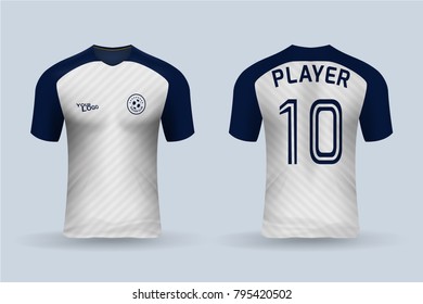 3D realistic of front and back of soccer jersey shirt on shop backdrop. Concept for soccer team uniform or football apparel mockup template in vector illustration