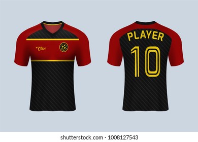 3D realistic of front and back view of soccer jersey shirt on shop backdrop. Concept for soccer team uniform or football apparel mock up.Red and black soccer kit t-shirt template in vector.