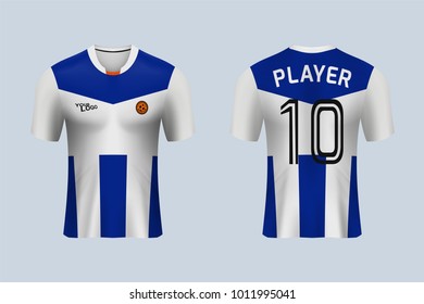 3D realistic of front and back view of soccer jersey shirt on shop backdrop. Concept for soccer team uniform or football apparel mock up.Blue soccer kit t-shirt template in vector.