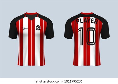 3D realistic of front and back view of soccer jersey shirt on shop backdrop. Concept for soccer team uniform or football apparel mock up.Red stripe soccer kit t-shirt template in vector.