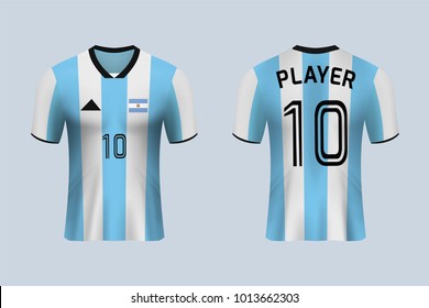 3D realistic of front and back view of soccer jersey shirt on shop backdrop. Concept for soccer team uniform or football apparel mock up.Argentina soccer kit t-shirt template in vector.