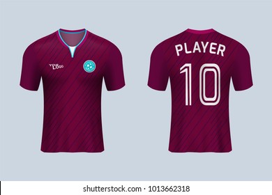 3D realistic of front and back view of soccer jersey shirt on shop backdrop. Concept for soccer team uniform or football apparel mock up.Maroon soccer kit t-shirt template in vector.