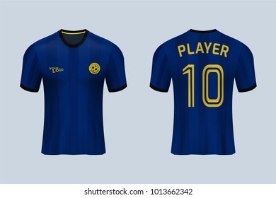 3D realistic of front and back view of soccer jersey shirt on shop backdrop. Concept for soccer team uniform or football apparel mock up.Blue soccer kit t-shirt template in vector.