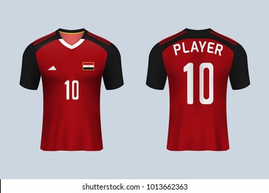 3D realistic of front and back view of soccer jersey shirt on shop backdrop. Concept for soccer team uniform or football apparel mock up.Egypt soccer kit t-shirt template in vector.