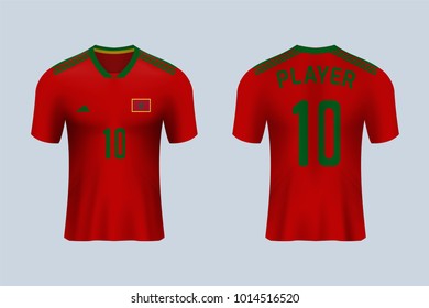 3D realistic of front and back view of soccer jersey shirt on shop backdrop. Concept for soccer team uniform or football apparel mock up.Morocco soccer kit t-shirt template in vector.