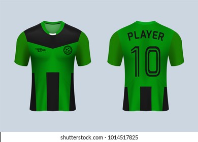 3D realistic of front and back view of soccer jersey shirt on shop backdrop. Concept for soccer team uniform or football apparel mock up.Green soccer kit t-shirt template in vector.