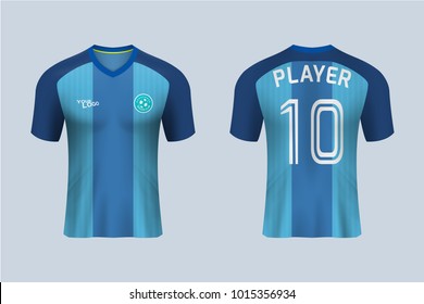 3D realistic of front and back view of soccer jersey shirt on shop backdrop. Concept for soccer team uniform or football apparel mock up.Blue soccer kit t-shirt template in vector.