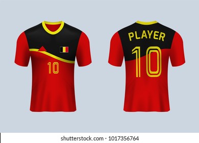 3D realistic of front and back view of soccer jersey shirt on shop backdrop. Concept for soccer team uniform or football apparel mock up.Belgium soccer kit t-shirt template in vector.