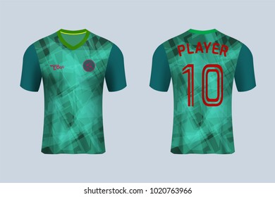 3D Realistic Of Front And Back View Of Soccer Jersey Shirt On Shop Backdrop. Concept For Soccer Team Uniform Or Football Apparel Mock Up.Green Soccer Kit T-shirt Template In Vector.