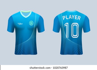 3D realistic of front and back view of soccer jersey shirt on shop backdrop. Concept for soccer team uniform or football apparel mock up.Blue soccer kit t-shirt template in vector.