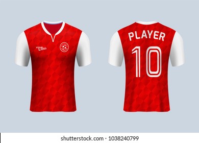 3D realistic of front and back view of soccer jersey shirt on shop backdrop. Concept for soccer team uniform or football apparel mock up.Red soccer kit t-shirt template in vector.