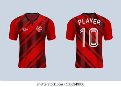3D realistic of front and back view of soccer jersey shirt on shop backdrop. Concept for soccer team uniform or football apparel mock up.Red soccer kit t-shirt template in vector.