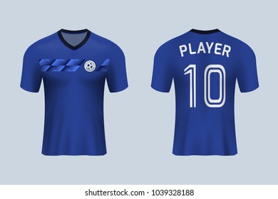 3D realistic of front and back view of soccer jersey shirt on shop backdrop. Concept for soccer team uniform or football apparel mock up.blue soccer kit t-shirt template in vector.