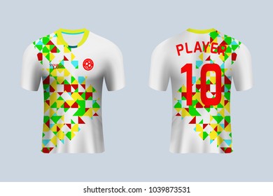 3D realistic of front and back view of soccer jersey shirt on shop backdrop. Concept for soccer team uniform or football apparel mock up.colorful soccer kit t-shirt template in vector.