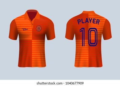 3D realistic of front and back view of soccer jersey shirt on shop backdrop. Concept for soccer team uniform or football apparel mock up.orange soccer kit t-shirt template in vector.