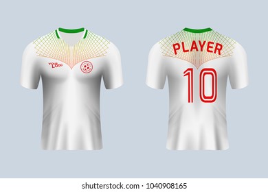 3D realistic of front and back view of soccer jersey shirt on shop backdrop. Concept for soccer team uniform or football apparel mock up.white soccer kit t-shirt template in vector.