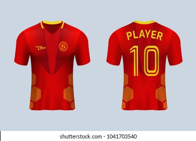 3D realistic of front and back view of soccer jersey shirt on shop backdrop. Concept for soccer team uniform or football apparel mock up.Red soccer kit t-shirt template in vector.