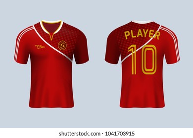 3D realistic of front and back view of soccer jersey shirt on shop backdrop. Concept for soccer team uniform or football apparel mock up.Red soccer kit t-shirt template in vector.