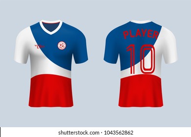 3D realistic of front and back view of soccer jersey shirt on shop backdrop. Concept for soccer team uniform or football apparel mock up. blue soccer kit t-shirt template in vector.