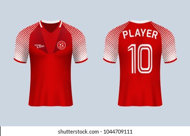 3D realistic of front and back view of soccer jersey shirt on shop backdrop. Concept for soccer team uniform or football apparel mock up. Red soccer kit t-shirt template in vector.