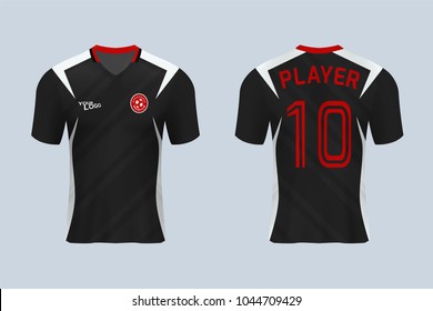 3D realistic of front and back view of soccer jersey shirt on shop backdrop. Concept for soccer team uniform or football apparel mock up. Black soccer kit t-shirt template in vector.