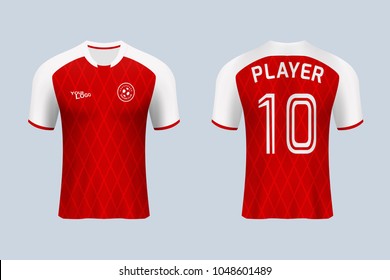 3D realistic of front and back view of soccer jersey shirt on shop backdrop. Concept for soccer team uniform or football apparel mock up.Red soccer kit t-shirt template design in vector illustration.