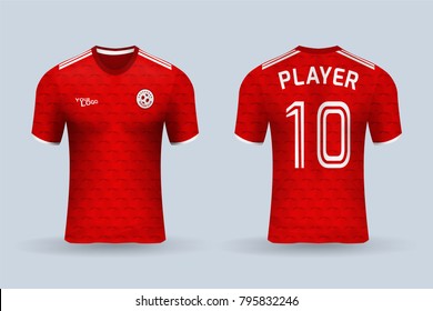 3D realistic of front and back view of soccer jersey shirt on shop backdrop. Concept for soccer team uniform or football apparel mock up.Red soccer kit t-shirt template in vector.
