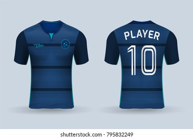 3D realistic of front and back view of soccer jersey shirt on shop backdrop. Concept for soccer team uniform or football apparel mock up.Blue soccer kit t-shirt template in vector.