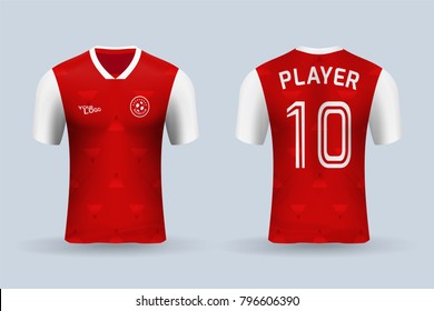 3D realistic of front and back view of soccer jersey shirt on shop backdrop. Concept for soccer team uniform or football apparel mock up.Red soccer kit t-shirt template in vector.