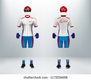 3D Realistic Of Front And Back Of White Cycling Jersey T Shirt With Pants And Helmet On Shop Backdrop. Concept For Fashion Of Bicycle Uniform Or Apparel Mockup Template In Vector Illustration