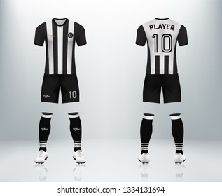 3D realistic of front and back of white and black stripe soccer jersey t-shirt with pants and socks on shop backdrop. Concept for soccer team uniform or football apparel mockup template in vector