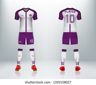 3D realistic of front and back of white and violet soccer jersey t-shirt with pants and socks on shop backdrop. Concept for soccer team uniform or football apparel mockup template in vector 