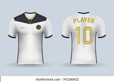 3D Realistic Of Front And Back Of White Soccer Jersey Shirt On Shop Backdrop. Concept For Soccer Team Uniform Or Football Apparel Mockup Template In Vector Illustration